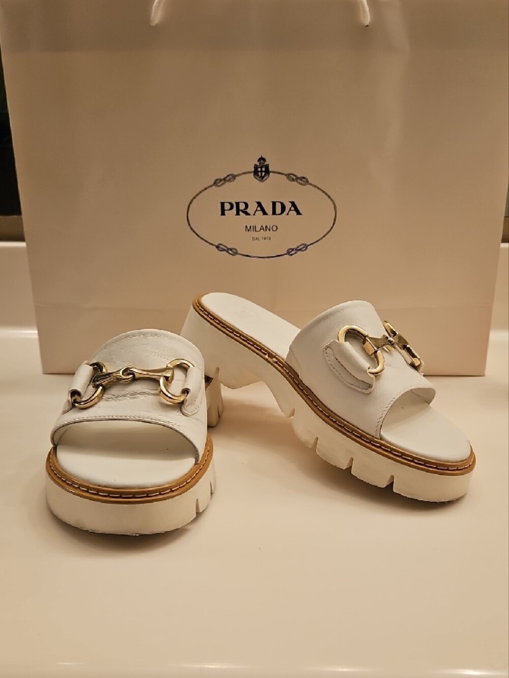 Paul Green White Leather Slide Sandals with Gold Hardware